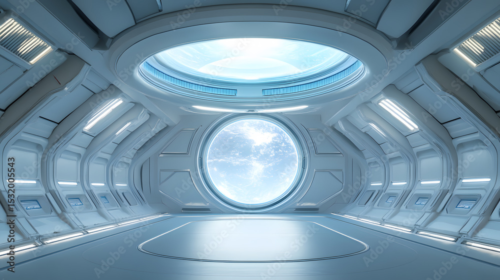 Fototapeta premium Interior View of a Spacecraft with a Circular Window Overlooking Earth