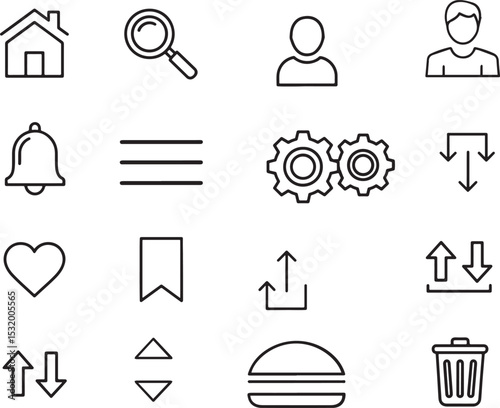 Home, search, user, bell, settings, heart, bookmark, upload/download, hamburger menu, trash modern vector line art