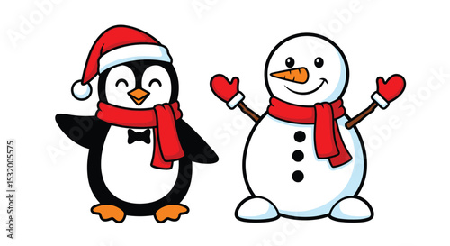 Festive Winter Fun Themed Illustration of Cheerful Penguin and Snowman Character Design