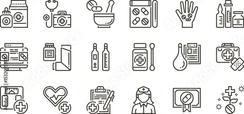 Medical Icons Healthcare, Pharmacy, and First Aid Line Art Set - 456.eps