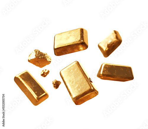 A collection of gold bars and raw gold nuggets falling against a stark white backdground
