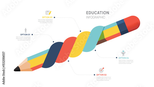 Colorful twisted pencil infographic with 4 steps for education, learning, business, and presentation design, vector.