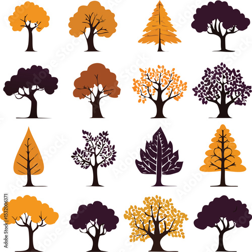Diverse Autumn Tree Silhouettes Vector Set