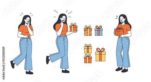 Excited Woman Receives Gift Boxes Celebrating Holiday Seasons Special Moments and Pleasant Surprises