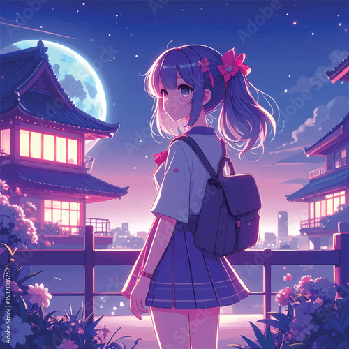 Anime girl in school uniform with backpack under moonlight scenery view