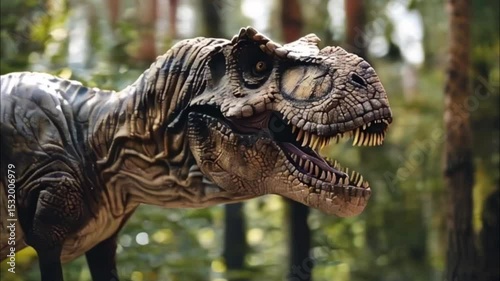 Scary hungry dinosaur with kind eyes and sharp teeth destroying public park