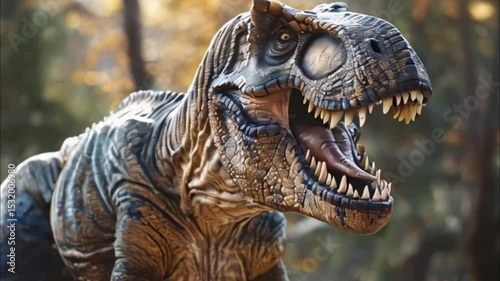 Scary hungry dinosaur with kind eyes and sharp teeth destroying public park