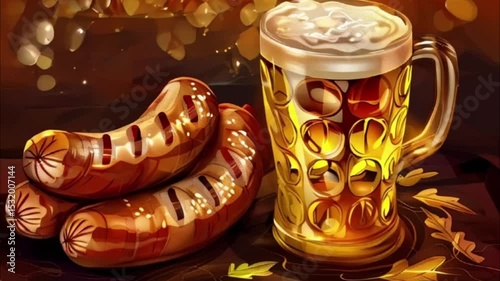 German beer in large glass mug for celebration holiday Oktoberfest, abstract vivid composition consists of background for diverse creative work