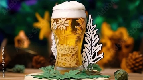 German beer in large glass mug for celebration holiday Oktoberfest, abstract vivid composition consists of background for diverse creative work