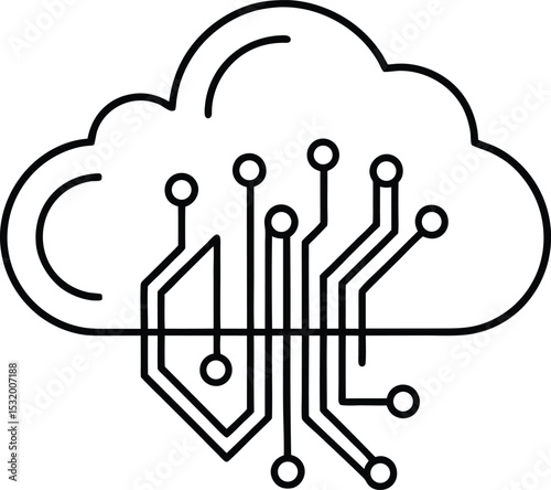 Futuristic Cloud Made of Circuit Lines and Neon Effects vector Line art