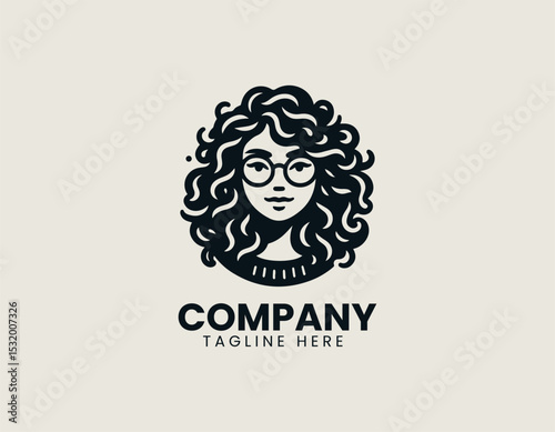 Friendly Young Woman Curly Hair Round Glasses Approachable Portrait Vector Logo Design