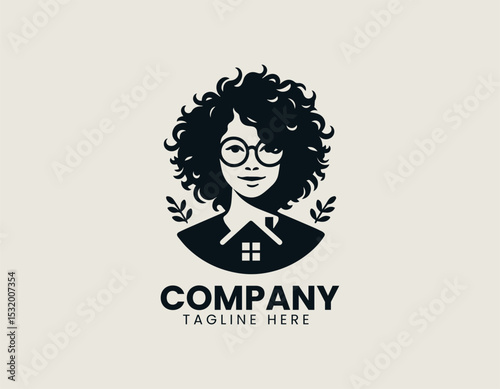 Friendly Young Woman Curly Hair Round Glasses Approachable Portrait Vector Logo Design