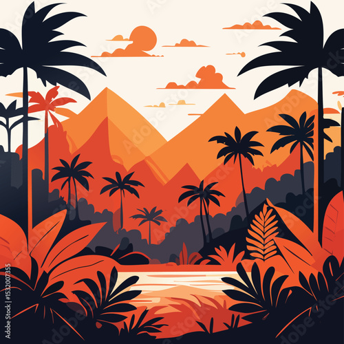 Tropical Sunset Landscape Illustration