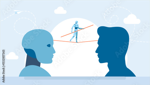 The head of a robot and a human between which a robot tightrope walker passes. Balance between human and artificial intelligence. Input data machine learning. Vector illustration