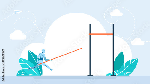 A robot accelerates to performing a pole vault. A humanoid pole vaulting. Overcoming obstacles or achieving goals in the context of data or business. Vector illustration