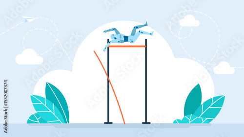 A robot performing a pole vault. A humanoid pole vaulting. Overcoming obstacles or achieving goals in the context of data or business. Vector illustration