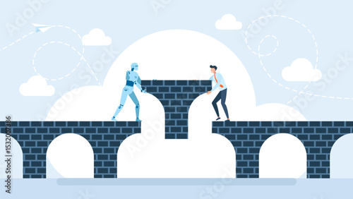 Man and Artificial Intelligence Build business bridge. Robot help overcome cliffs or obstacles, Support or help solve problems, Support artificial intelligence, Working with AI. Vector illustration