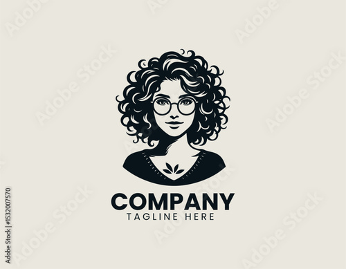 Friendly Young Woman Curly Hair Round Glasses Approachable Portrait Vector Logo Design