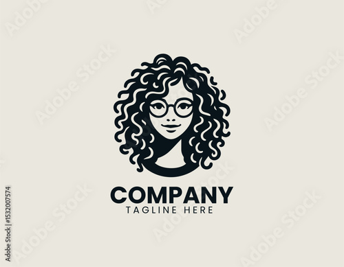 Friendly Young Woman Curly Hair Round Glasses Approachable Portrait Vector Logo Design