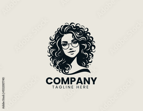 Friendly Young Woman Curly Hair Round Glasses Approachable Portrait Vector Logo Design