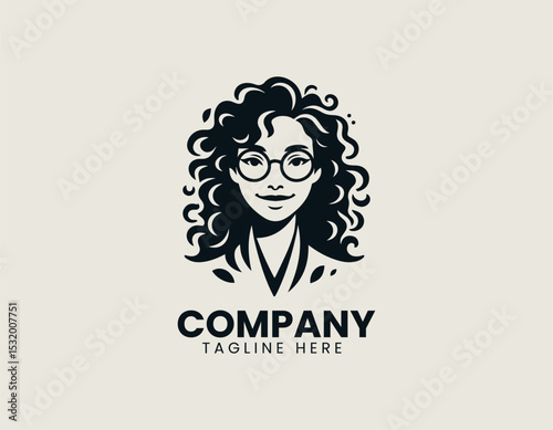 Friendly Young Woman Curly Hair Round Glasses Approachable Portrait Vector Logo Design