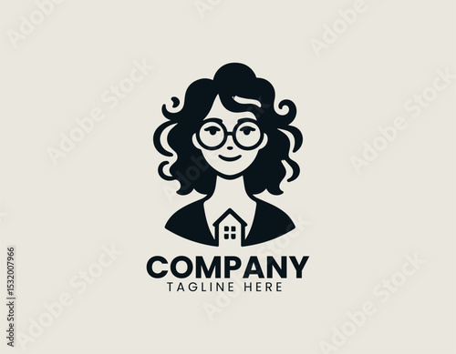 Friendly Young Woman Curly Hair Round Glasses Approachable Portrait Vector Logo Design