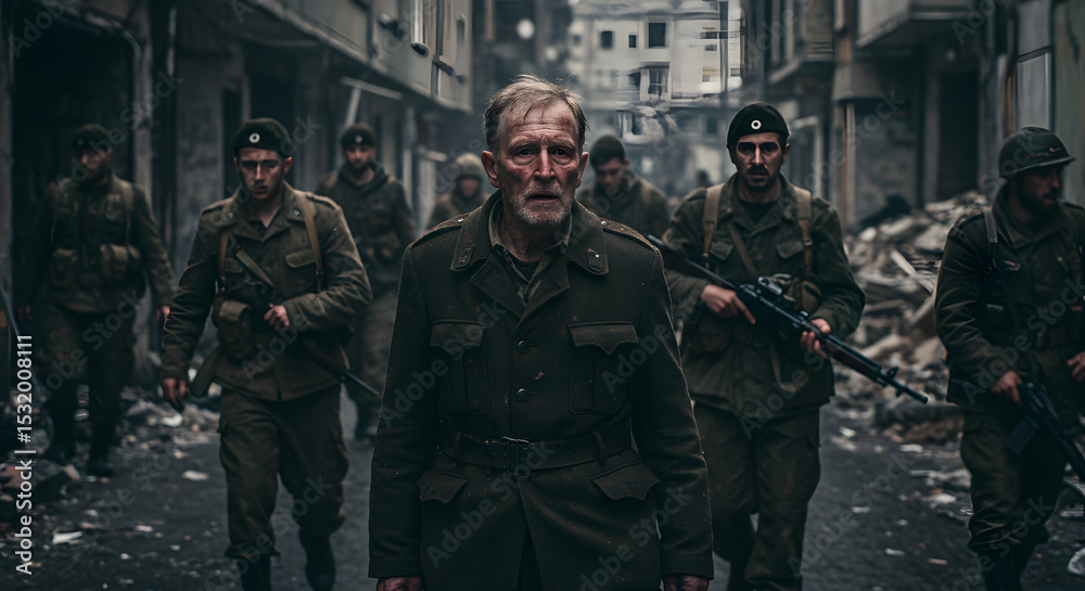 Fototapeta premium Soldiers on a War-Torn Street
