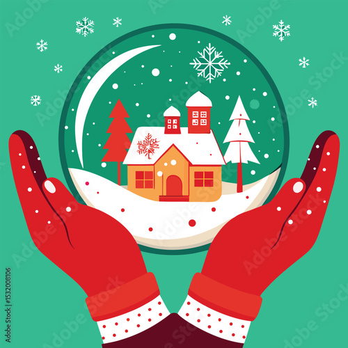 Two hands wearing red mittens adorned with white snowflakes for winter holiday