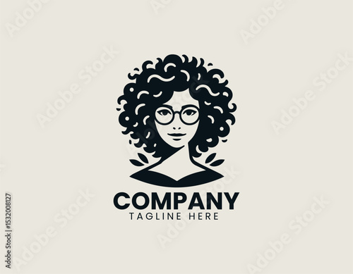 Friendly Young Woman Curly Hair Round Glasses Approachable Portrait Vector Logo Design