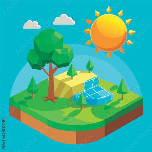 Sunny. low-poly landscape with solar panel.