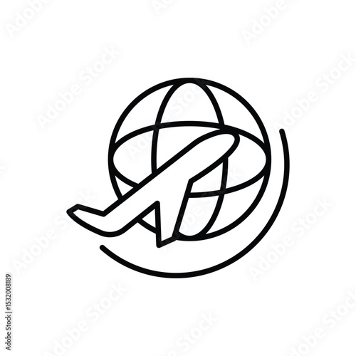 Outline Icon of Aircraft Flying Across Earth Thin Line for Worldwide Journey and Air Transport
