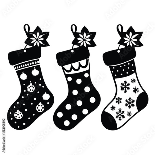 Four Different Black Silhouette Christmas Stocking Designs for Holiday Decoration and Crafts