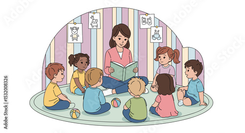 Children and Teacher Enjoy Story Time At Preschool Learning and Playing Together