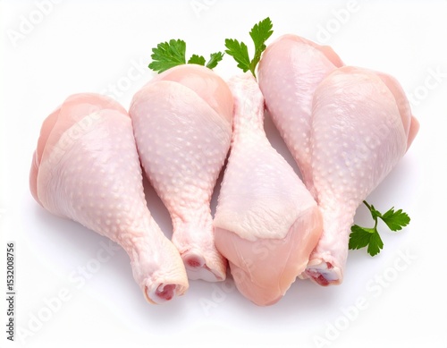 Fresh raw chicken drumsticks arranged on a white background with parsley