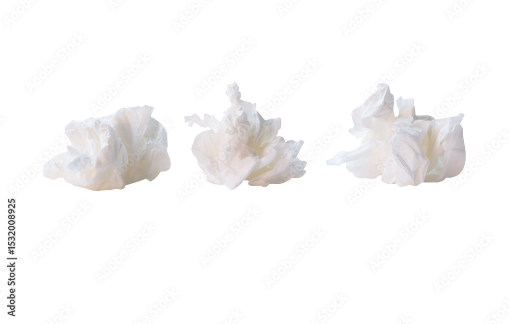 Fototapeta premium Side view set of screwed or crumpled white tissue paper balls isolated with clipping path in png file format