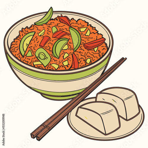 Orange Rice Bowl Green Stripes Chopsticks Tofu vector