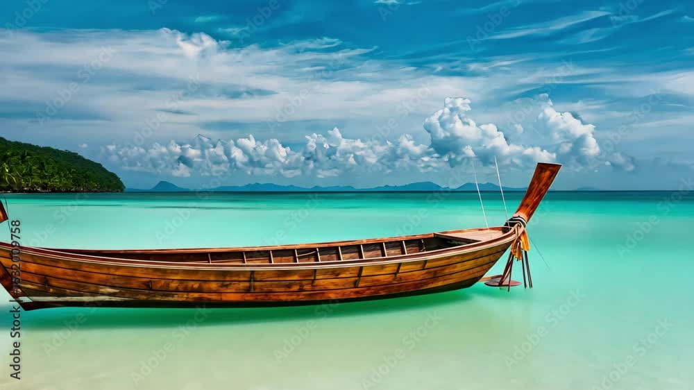 Wooden Thai boat floats serenely on crystal clear waters under a bright sky in Thailand, Thailand travel landscape Wooden thai boat floats on sea under blue sky