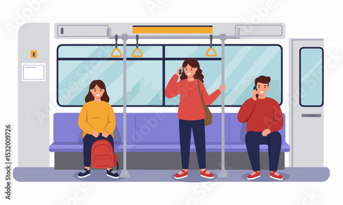 A clean and modern flat illustration showing people inside a train car. Includes both seated and standing figures, with a focus on social behavior and urban routine. Suitable for editorial, web, or ed