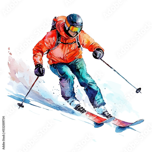 Skiing, watercolor illustration vector, isolated on a white background.