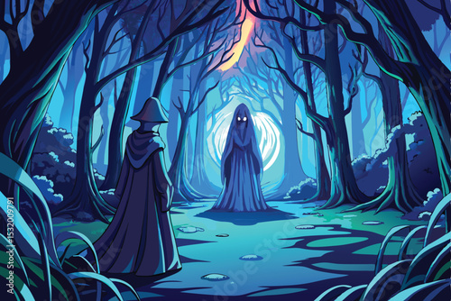 Dark Forest Gothic Scene – Mysterious Figure in Blue Light with Red Mist