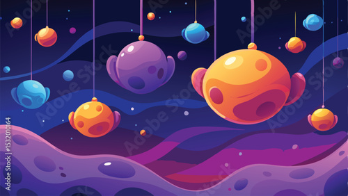 Abstract alien planet landscape with hanging spheres and floating celestial bodies