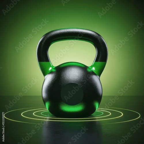 Heavy kettlebell illuminated with green neon glow against a dark background, representing strength and fitness training.