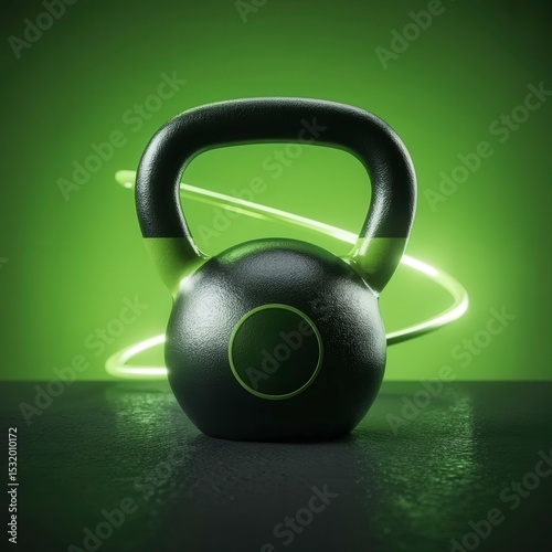 Heavy kettlebell illuminated with green neon glow against a dark background, representing strength and fitness training.
