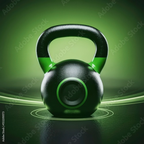 Heavy kettlebell illuminated with green neon glow against a dark background, representing strength and fitness training.