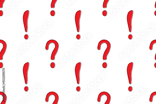 Beautiful seamless exclamation mark and question mark pattern on white background. Red symbols and signs. Flat design. For wallpaper, textiles, packaging, background, website.
