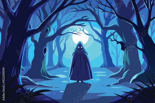 Dark Forest Gothic Scene – Mysterious Figure in Blue Light with Red Mist