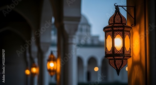 Intricate Lanterns Illuminate Architectural Beauty at Dusk in Historic Courtyard