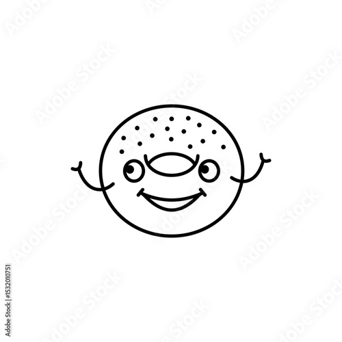 Black Line Icon of Bagel with Cheerful Smirk