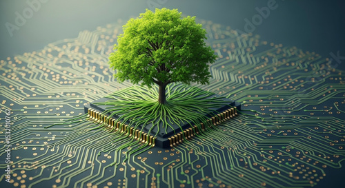 Lush Green Tree Emerging From A Central Computer Chip Circuit Board Representing Technological Growth