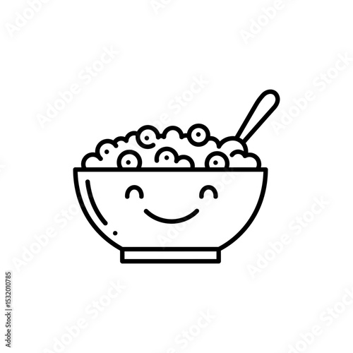 Black Line Icon of Cereal Bowl with Happy Smirk